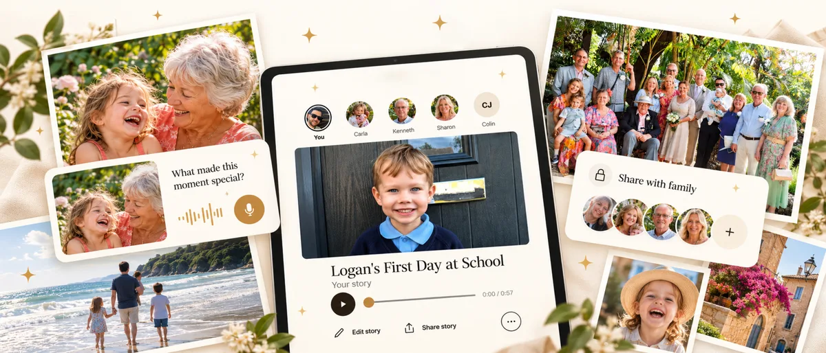Family photographs alongside the stories and sharing features in Memory Box